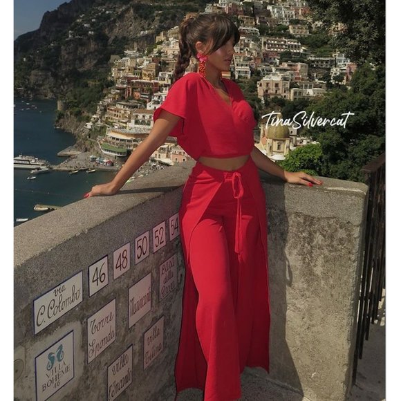 BLOGGER'S FAVE! Zara 2 Piece Red Pants And Wrap Top Set NWT - Picture 4 of 16